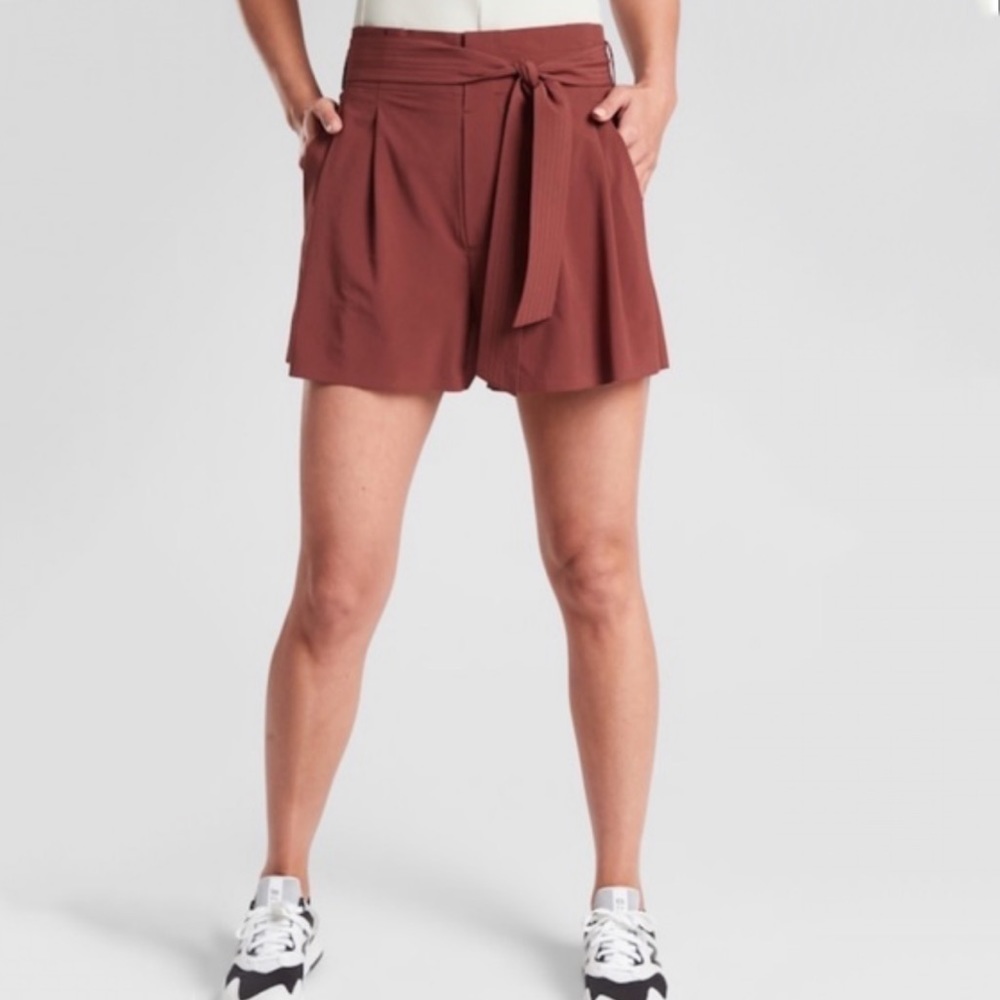 Athleta Skyline II Tie Waist Paperbag Shorts in Rust Red Orange